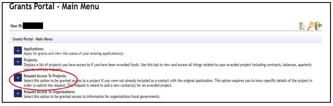 Screenshot of Grants Portal main menu with a red circle around "Request Access to Projects".