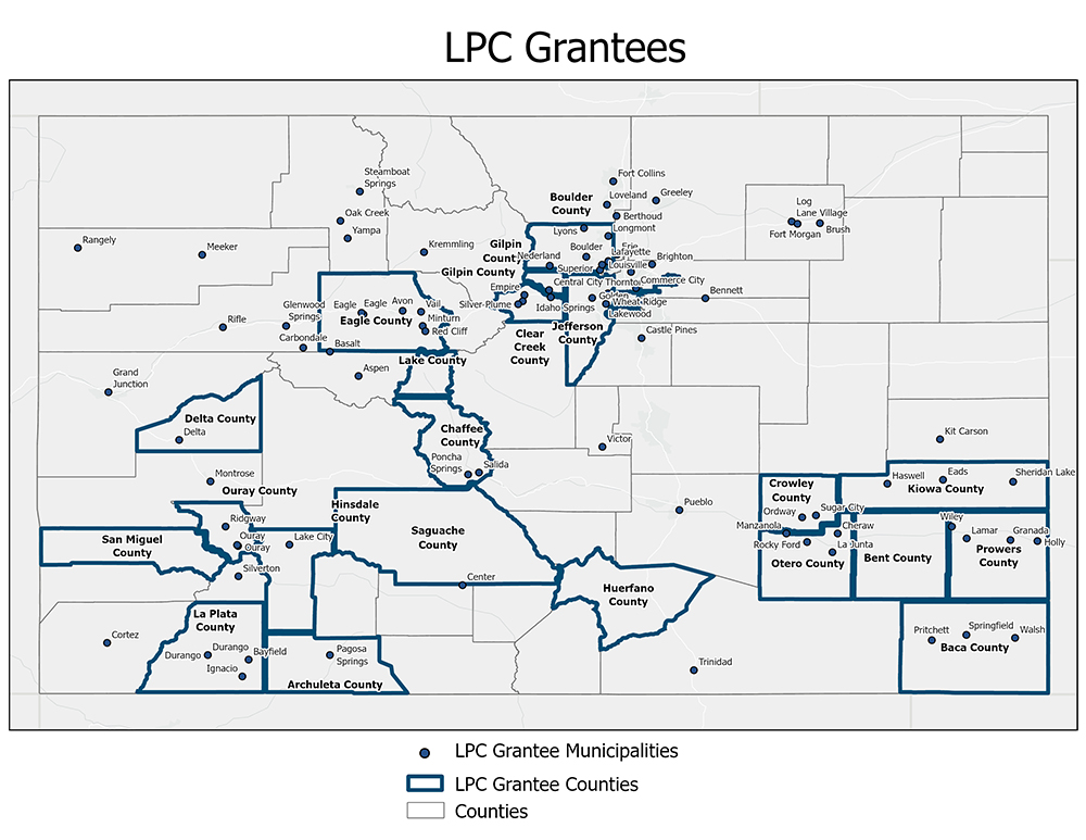 Map of Colorado titled LPC Grantees showing the locations of Local Preservation Commission (LPC) grantee municipalities and counties. Municipalities are marked with black dots, and LPC grantee counties are outlined in blue. Counties without LPC grantees are outlined in light gray. Specific counties labeled include Boulder, Clear Creek, Delta, Ouray, La Plata, San Miguel, Archuleta, Bent, Crowley, Kiowa, Otero, Baca, and others.