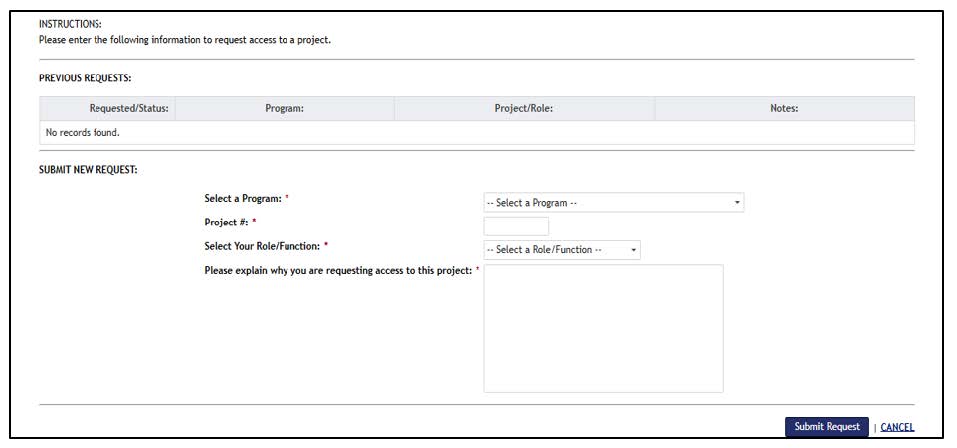 Screenshot of Grants Portal screen to fill out information to request access to a project.