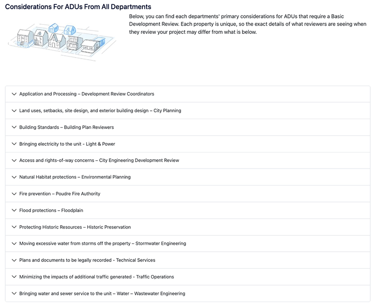 A webpage titled Considerations for ADUs from All Departments lists various departmental review areas involved in Accessory Dwelling Unit (ADU) development. It includes expandable sections for each topic, such as application processing, site design, building standards, electricity, right-of-way access, habitat protection, fire prevention, flood protection, historic preservation, stormwater management, technical services, traffic impacts, and water/wastewater services. Each department's name and focus area are listed to help applicants understand review requirements during a Basic Development Review.