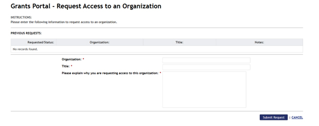 Grants Portal Request Access to an Organization