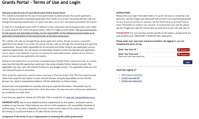 Grants Portal - Terms of Use and Login