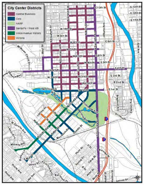 A map of the City of Pueblo's streetscape and transporation master plan for multi-modal street patterns.