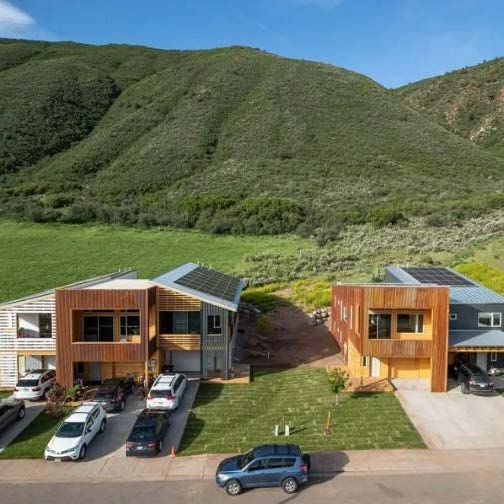 An image of NetZero Housing in Basalt, Colorado, constructed by the Roaring Fort Valley's Habitat for Humanity.