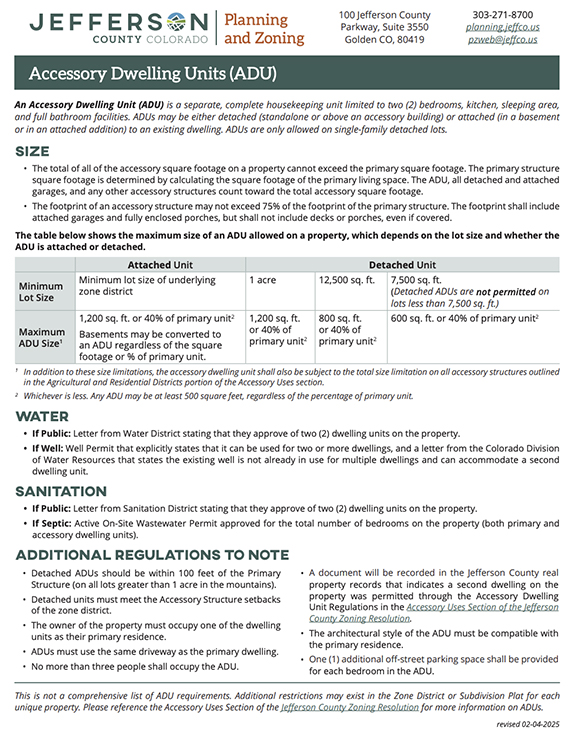 A Jefferson County Planning and Zoning fact sheet titled “Accessory Dwelling Units (ADU)” outlines regulations for building ADUs on single-family detached lots. It includes definitions, size and lot requirements for both attached and detached units, water and sanitation approval rules, and additional regulations such as setback distances, occupancy rules, and parking. A comparison table details minimum lot sizes and maximum ADU sizes based on unit type and zoning. The document emphasizes that detached ADUs are not permitted on lots smaller than 7,500 sq. ft. and provides links to zoning resources for more information.
