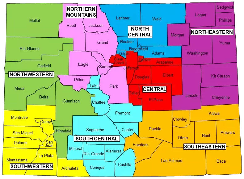 Map of Regions covered by Regional Managers in Colorado