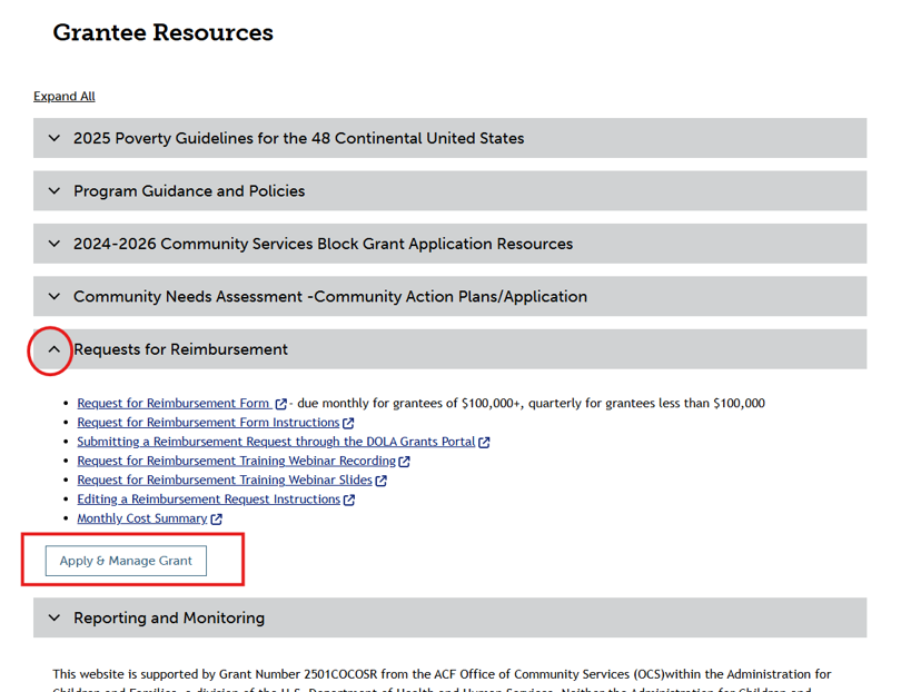 Screenshot of part of the CSBG webpage with "Apply & Manage Grant" button highlighted inside the Requests for Reimbersement accordian.