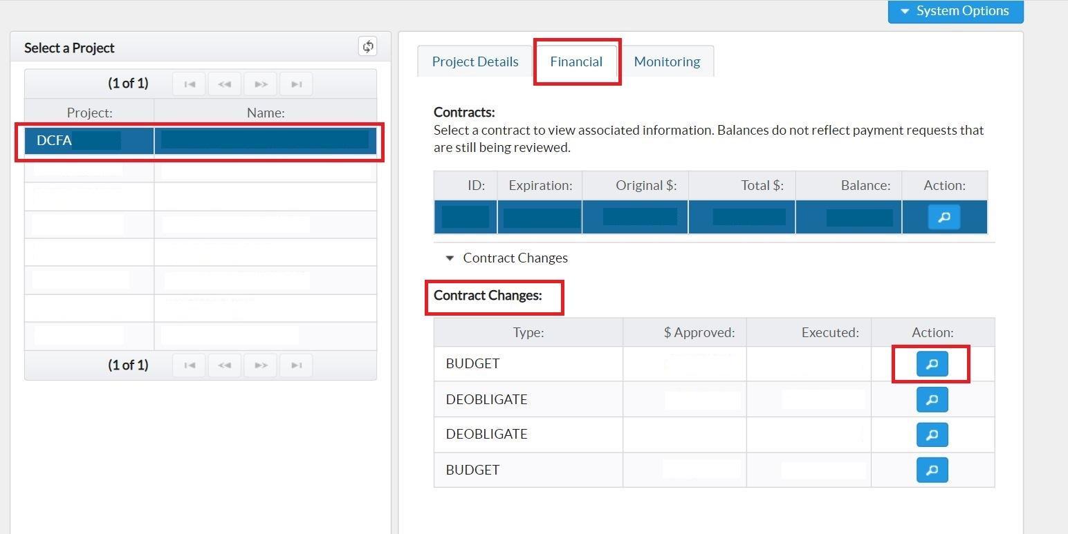 Project, financial tab, contract changes, and expand circled on screen.