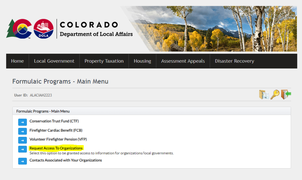 Request Access to Organizations highlighted on the portal screen.