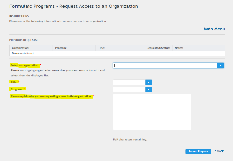 Required form fields highlighted on portal screen.