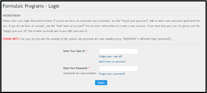 Screenshot of the Formulaic Programs Login screen.