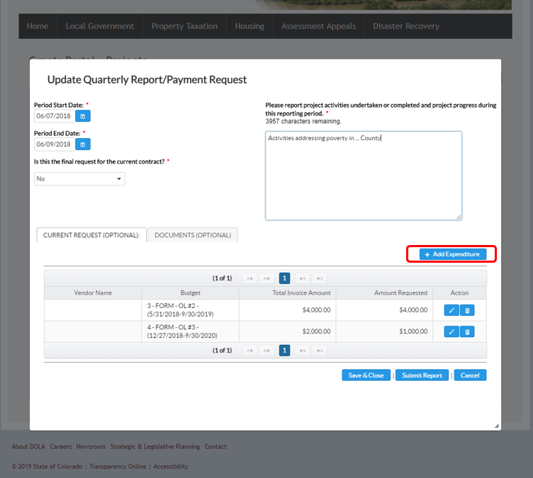 Screenshot of Payment Request screen with "+Add Expenditure" button highlighted by a red box.