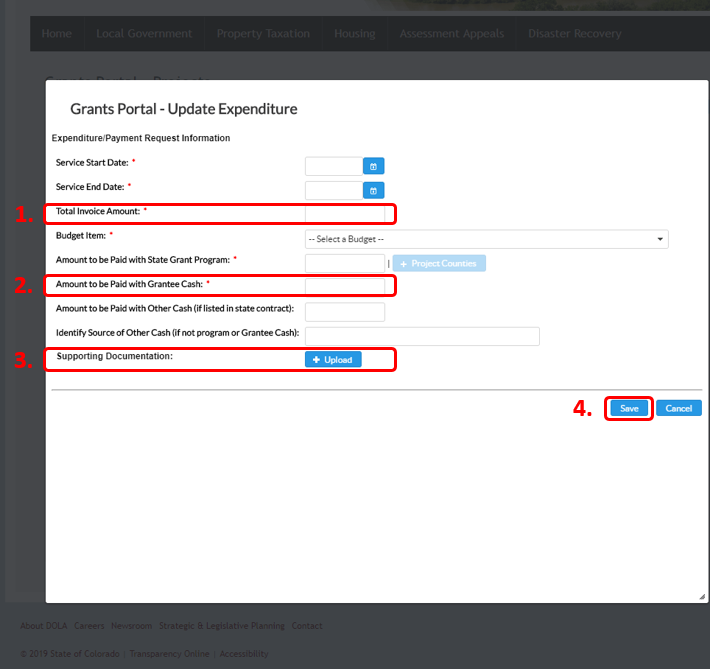 Screenshot of "Update Expenditure" screen with red boxes highlighting the locations of Invoice Amount, Amount to be paid, and Supporting Document upload fields.