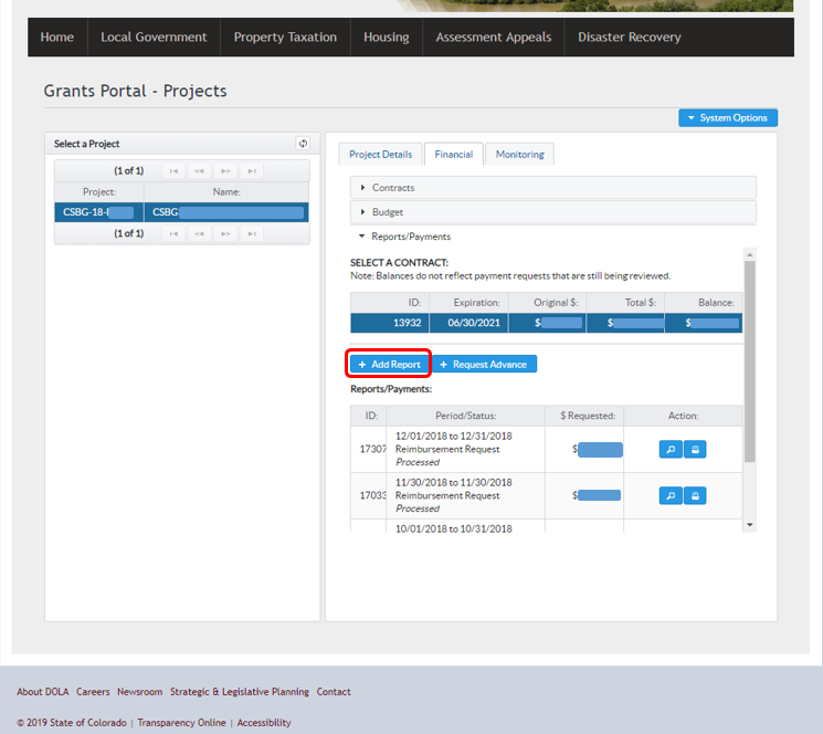 Screenshot of contract screen in the Grants Portal with a contract highlighted by the user and a red box around "+Add Report".