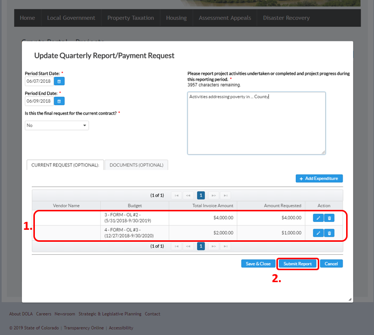 Screenshot of Payment Request screen with multiple expendures listed in a table and a Submit Report button below.