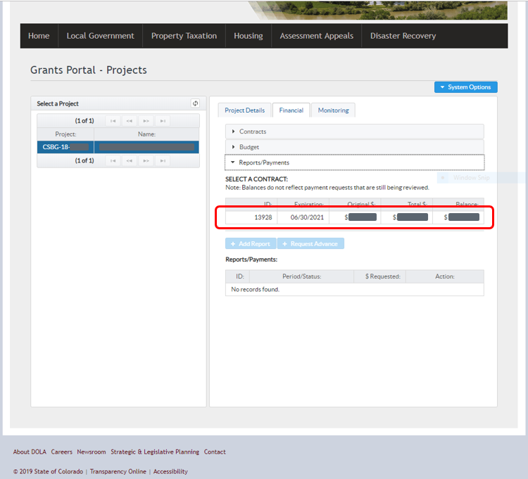 Screenshot of Grants Portal with "Report/Payment" selected allowing user to select a contract.