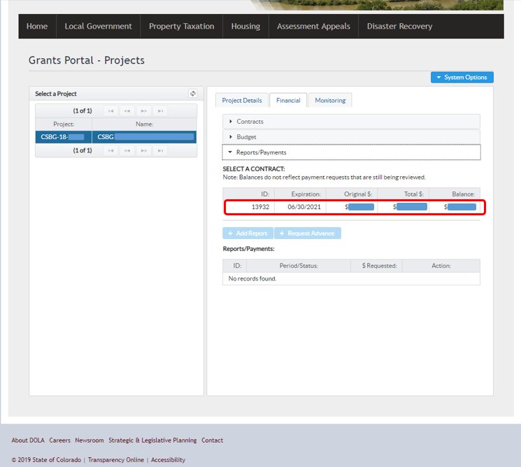 Screenshot of contracts in Grants Portal with a red box around a contract row under the Financial tab.