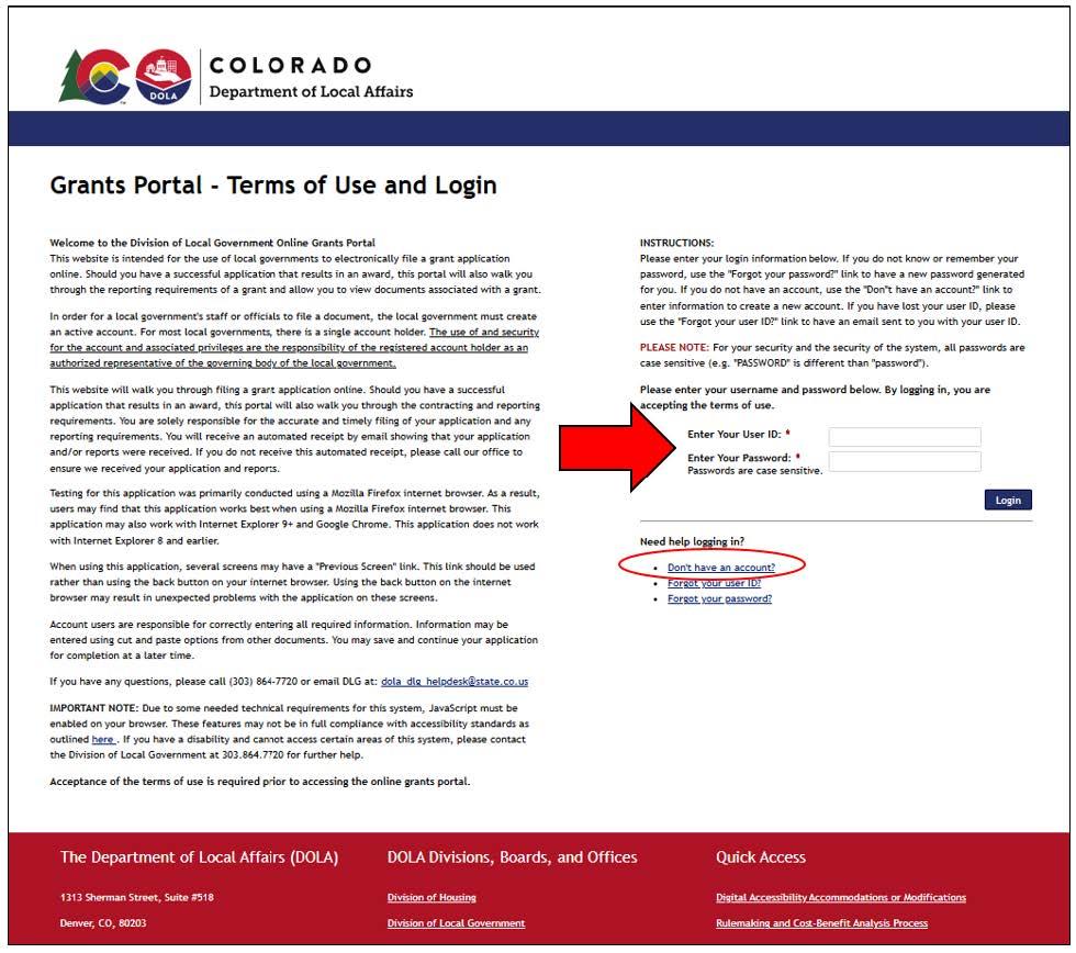 Screenshot of Grants Portal Login page with a red circle around the "Don't have an account" link under the log in area of the screen.