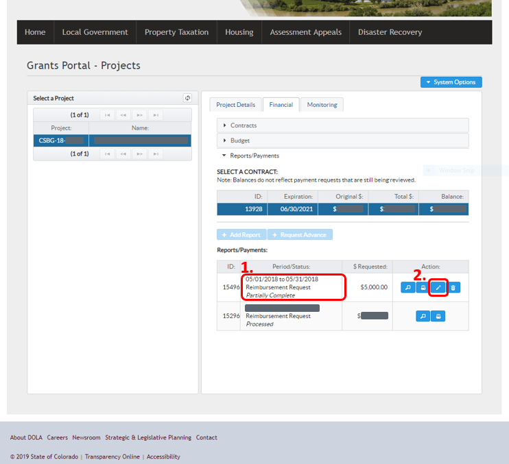 Screenshot of Grants Portal view of reports under contracts. Red boxes highlight report name and the edit button to the right of the report name.