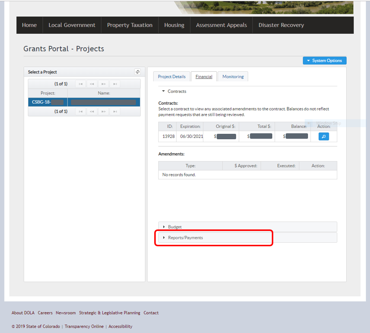 Screenshot of Financial tab on Grants Portal Projects screen with a red box around "Reports/Payments" at the bottom of the screen.