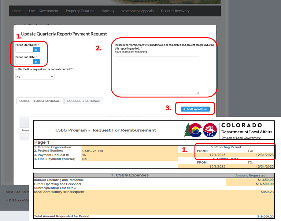 Screenshot showing the Payment Request window in the portal along with a screenshot of the date area form a Request for Reimbursement form.