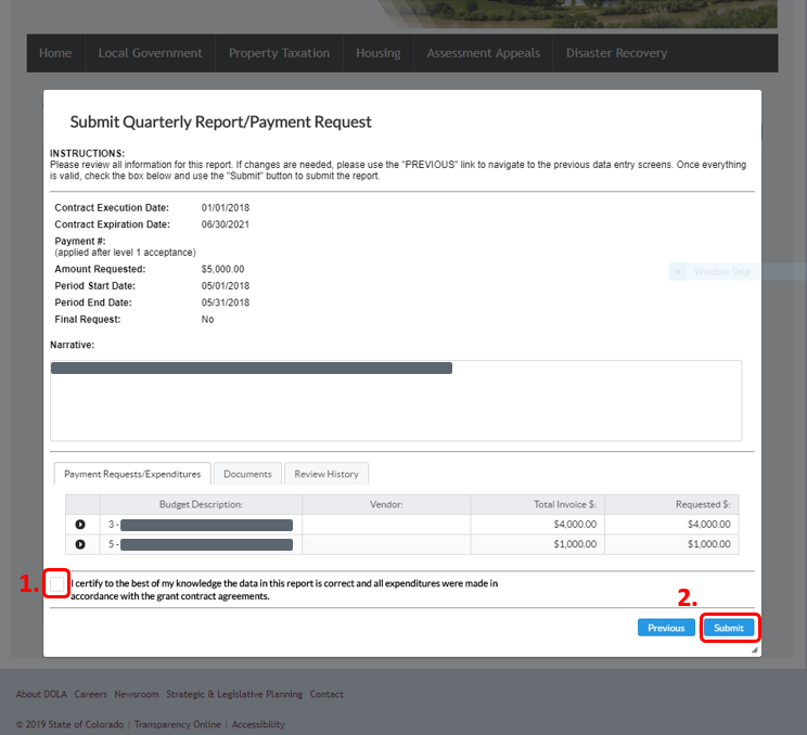 Screenshot of Quarterly Report/Payment Request window with the "I certify" checkbox and the "Submit" button highlighted by a red box.