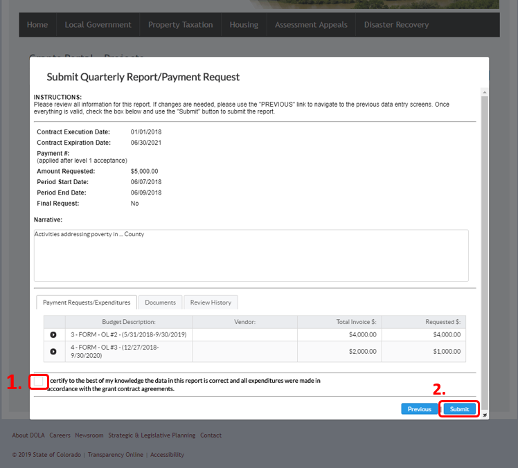 Screenshot of Payment Request screen with an "I certify" checkbox and a submit button highlighted with a red box.