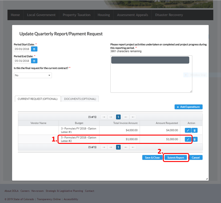 Screenshot of Grant Portal Report update screen with "Submit Report" button highlighted by red box.