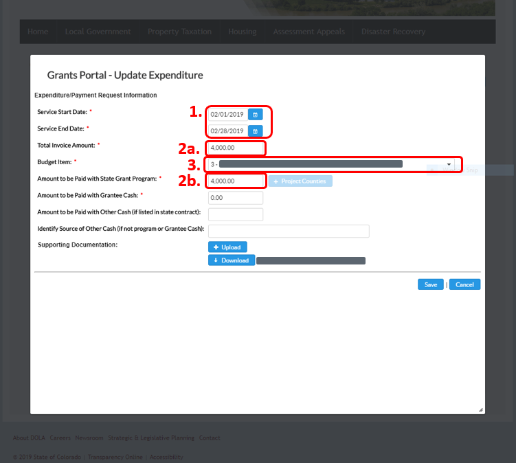 Screenshot of Grants Portal Expenditure update screen with start date, end date, total invoice amount, budget item and amount to be paid fields all highlighted with a red box.