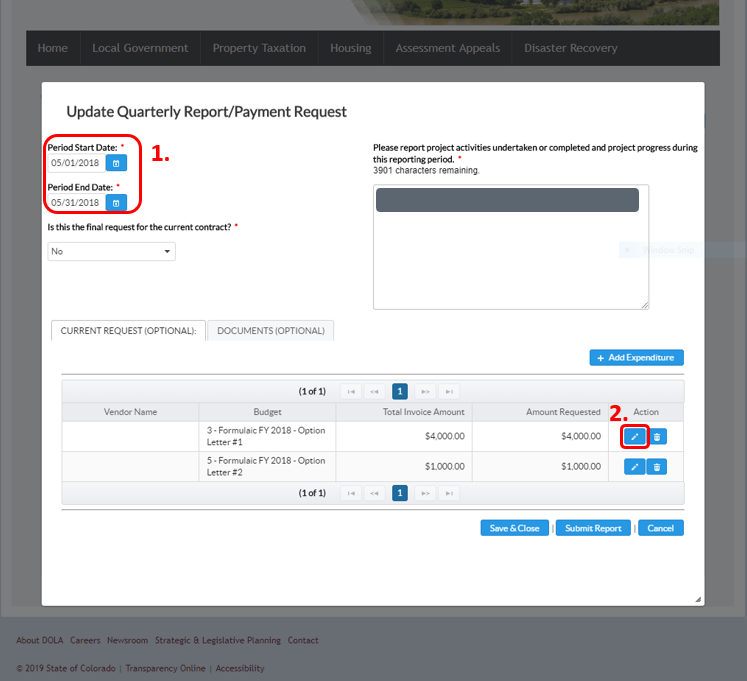 Screenshot of Payment Request Update screen in Grants Portal with Start and End date fields highlighted and the edit button highlighted.