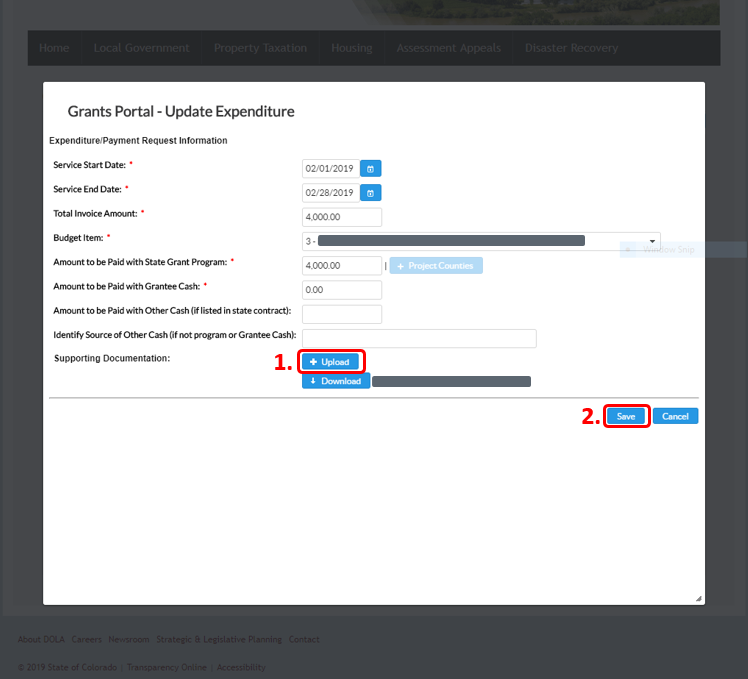 Screenshot of Grants Portal Expenditure update screen with the "Upload" button highlighted by a red box.