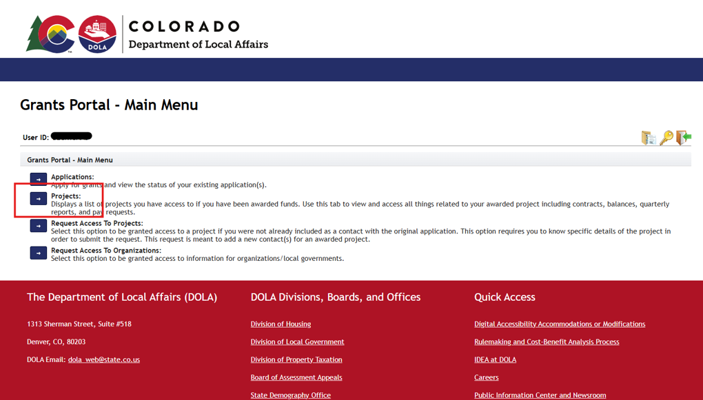 Screenshot of Grants Portal showing the Main Menu. Projects menu item is highlighted by a red box.
