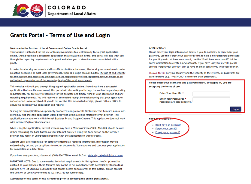 Screenshot of the Login screen on the Grants Portal with the login area highlighed with a red box.