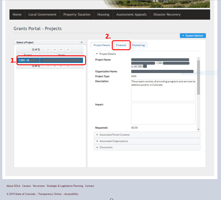 Screenshot of the Grant Portal Project screen with a project selected. A red box highlights the Financial tab.