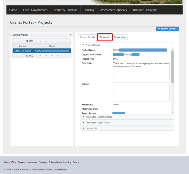 Screenshot of Projects window in Grants Portal with a red box highlighting the Financial tab.