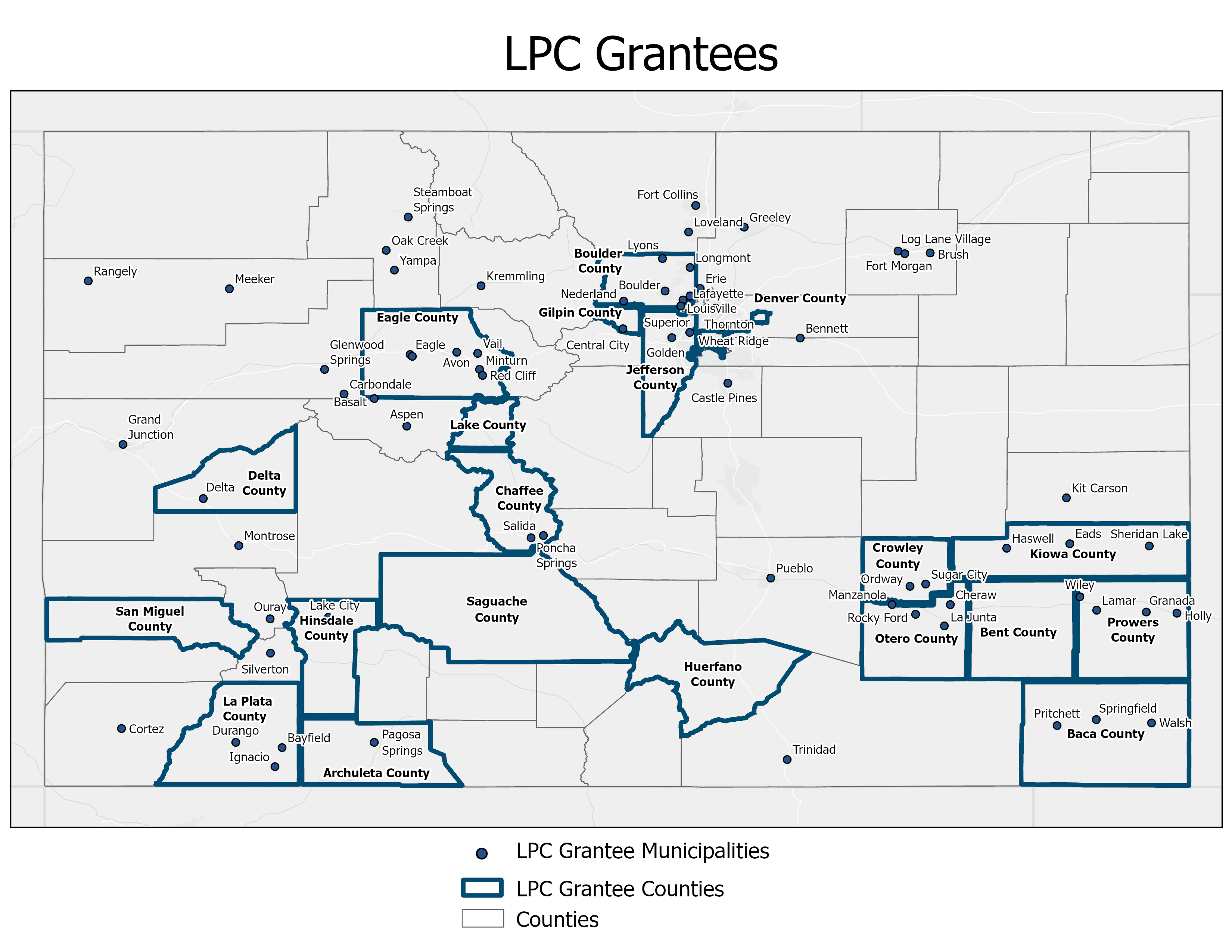 Map of Colorado highlighting counties and areas that have been awarded a LPC Grant.