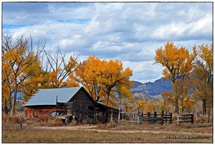 Older red barn and fenced animal inclosure surounded by autumn color trees.