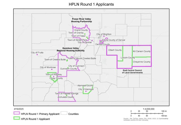 Colorado map that displays HPLN Round 1 Primary Applicant Counties
